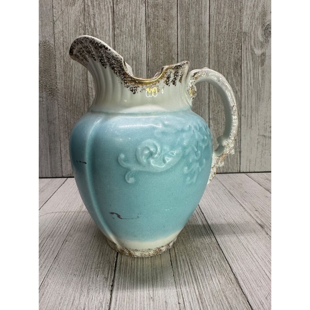 W.H Grindley & Co England Antique Pitcher Porcelain Blue White Gold 7" Tall